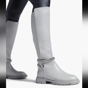 NWT Knee HI Leather Flat Boots Chain Padlock Accent Detail With Chunky Lug Sole